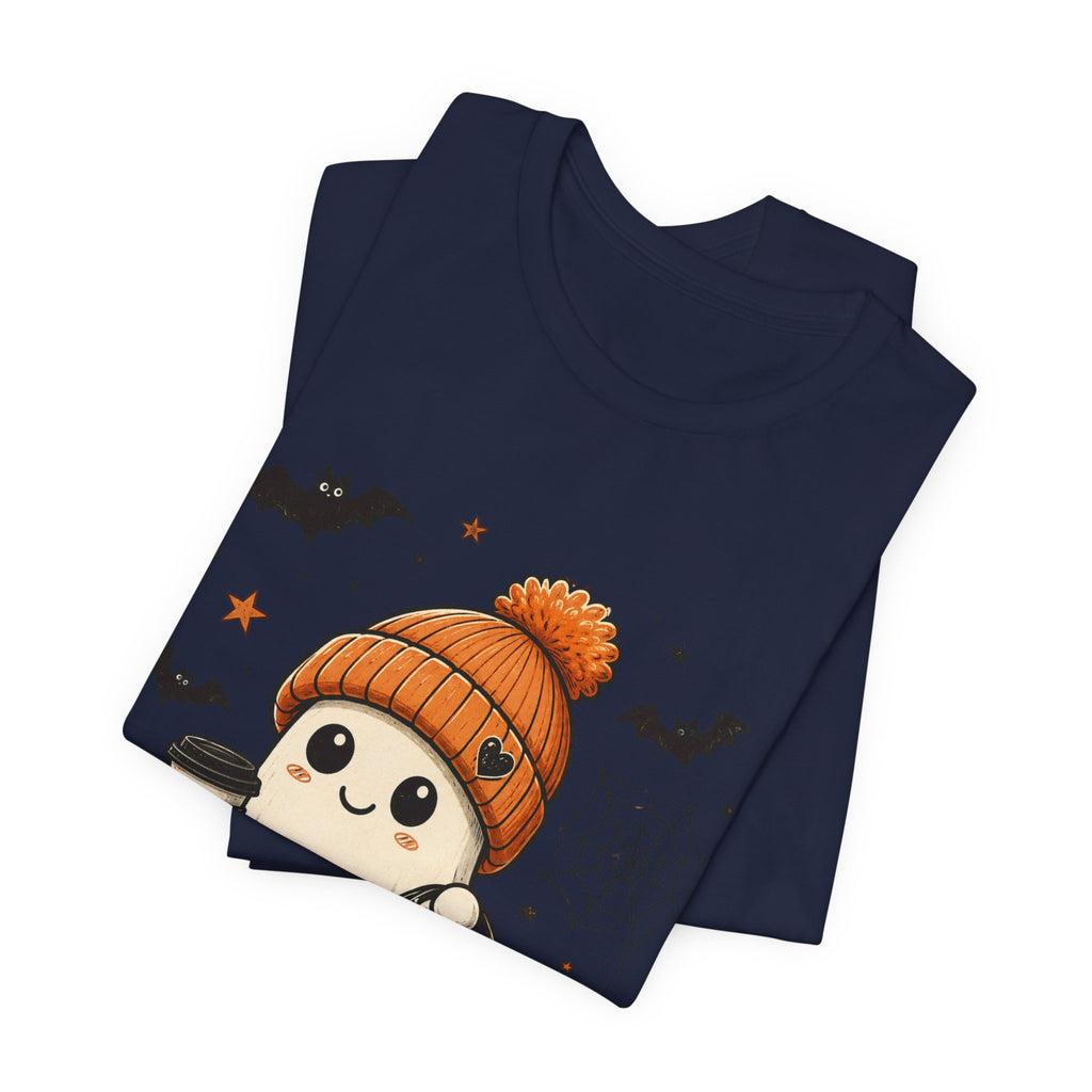Halloween Ghost Tee – Cute Pumpkin, Black Cat & Coffee Fall Graphic T-Shirt