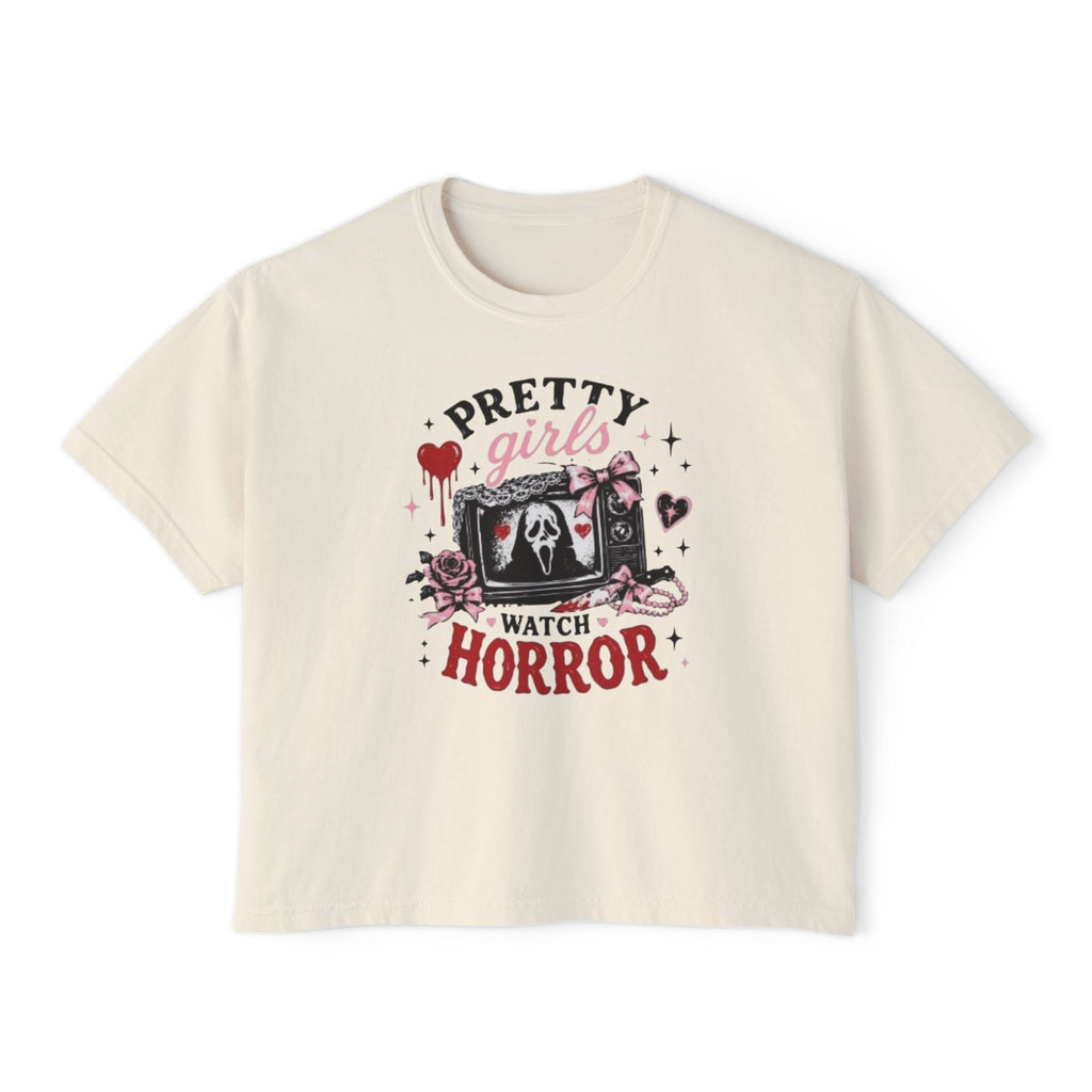 Boxy Tee — "Pretty Girls Watch Horror" Graphic Top