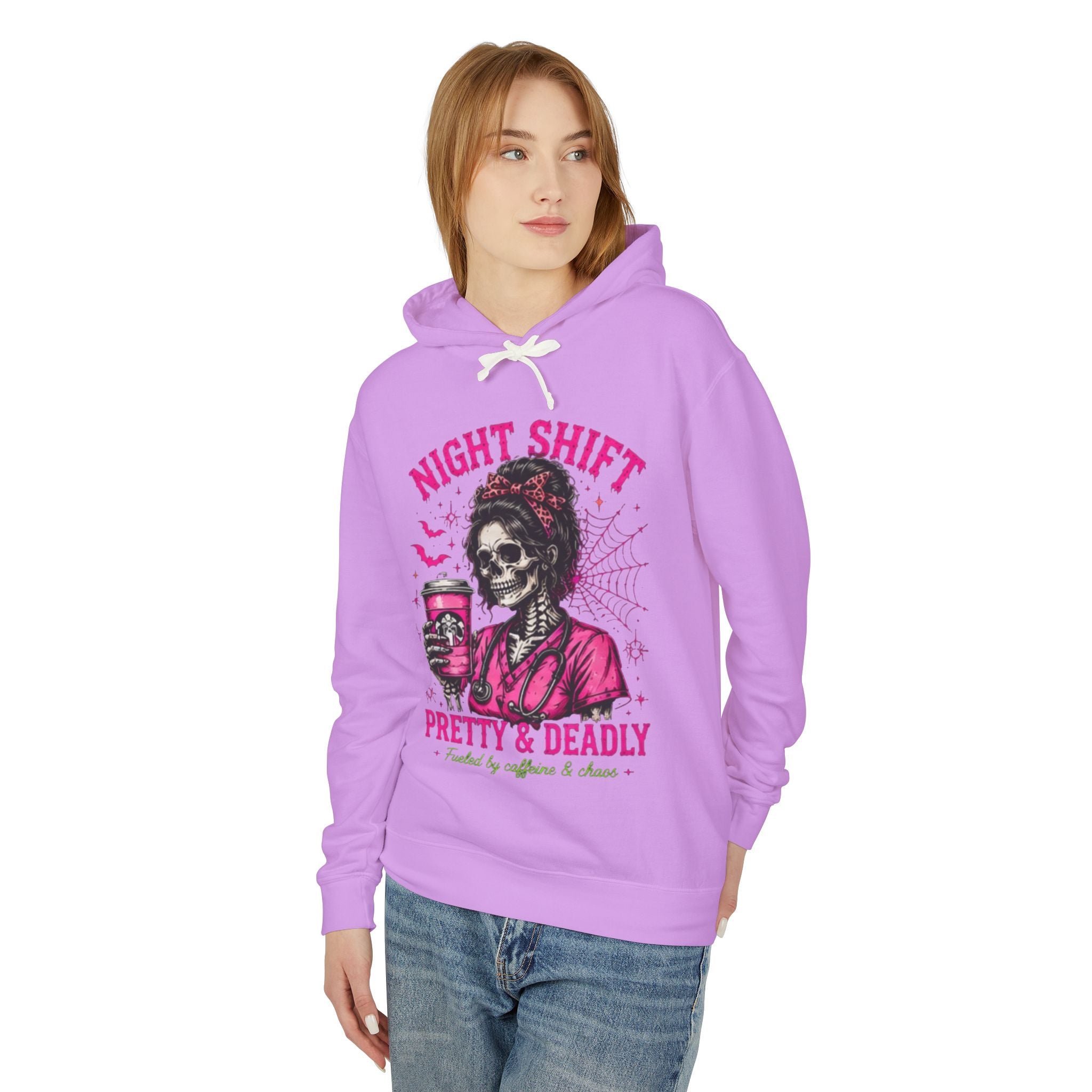 Night Shift Hoodie — "Pretty & Deadly" Skeleton Nurse Coffee Hooded Sweatshirt