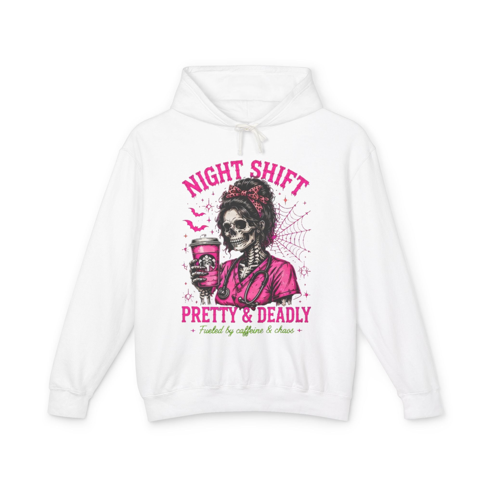 Night Shift Hoodie — "Pretty & Deadly" Skeleton Nurse Coffee Hooded Sweatshirt