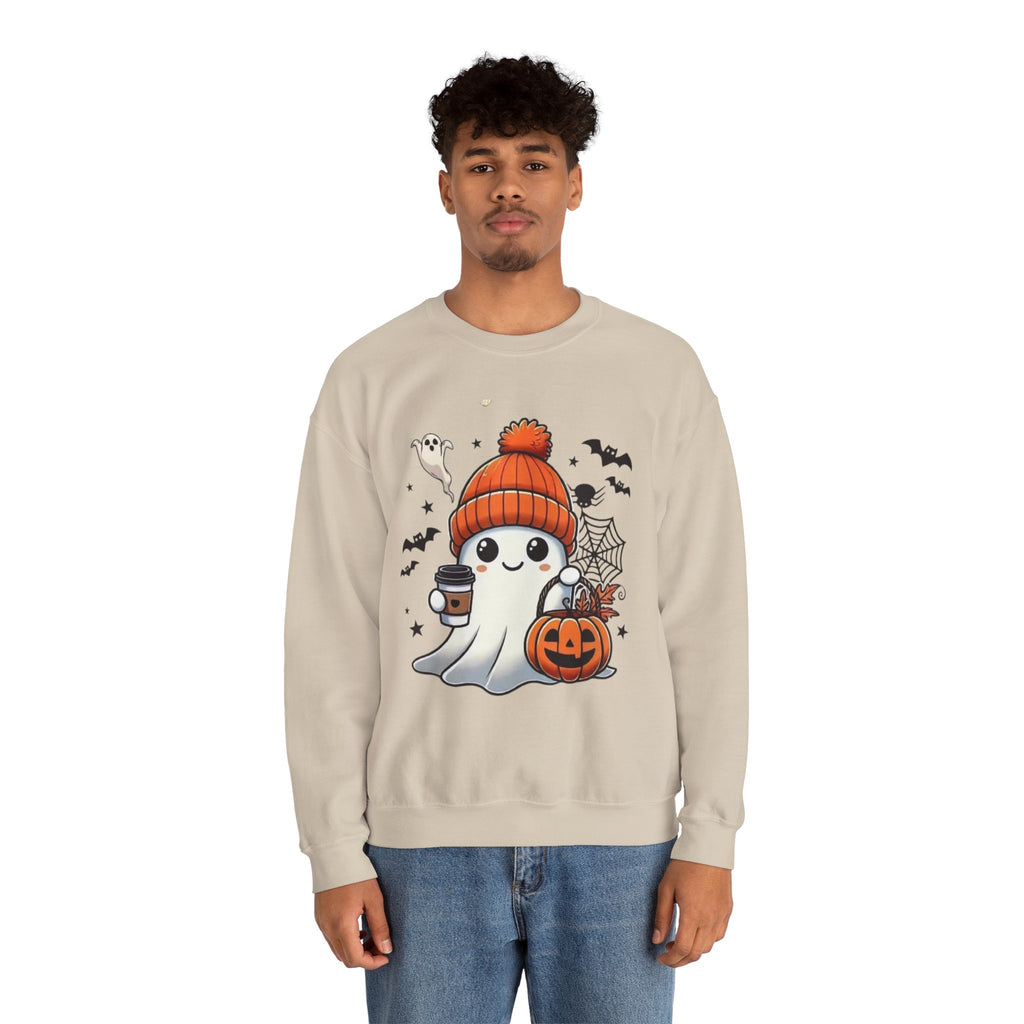Cute Halloween Ghost Sweatshirt — Pumpkin, Bats & Coffee Graphic Crewneck