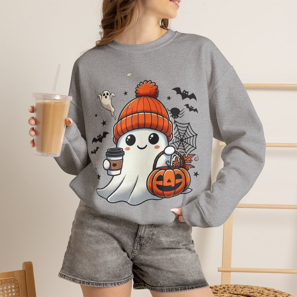 Cute Halloween Ghost Sweatshirt — Pumpkin, Bats & Coffee Graphic Crewneck