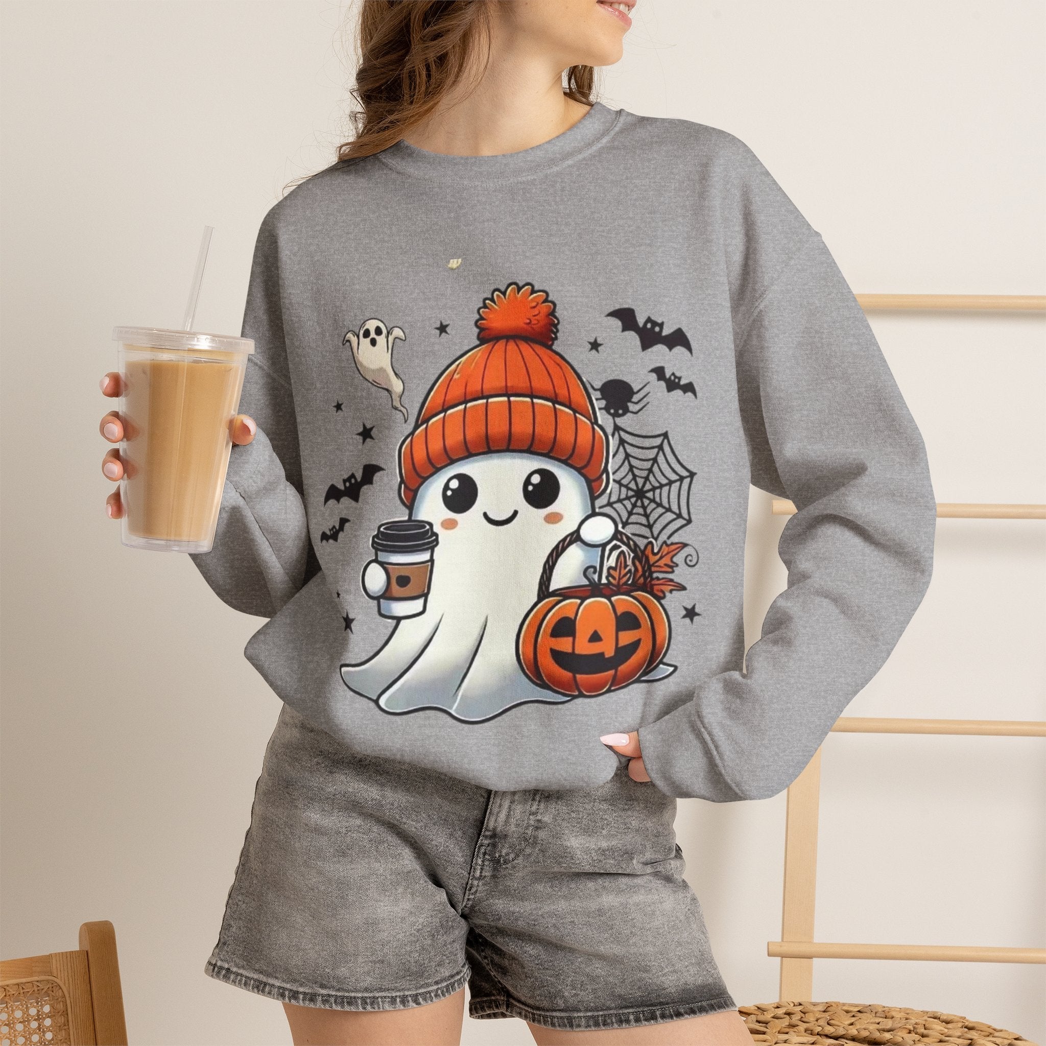 Cute Halloween Ghost Sweatshirt — Pumpkin, Bats & Coffee Graphic Crewneck