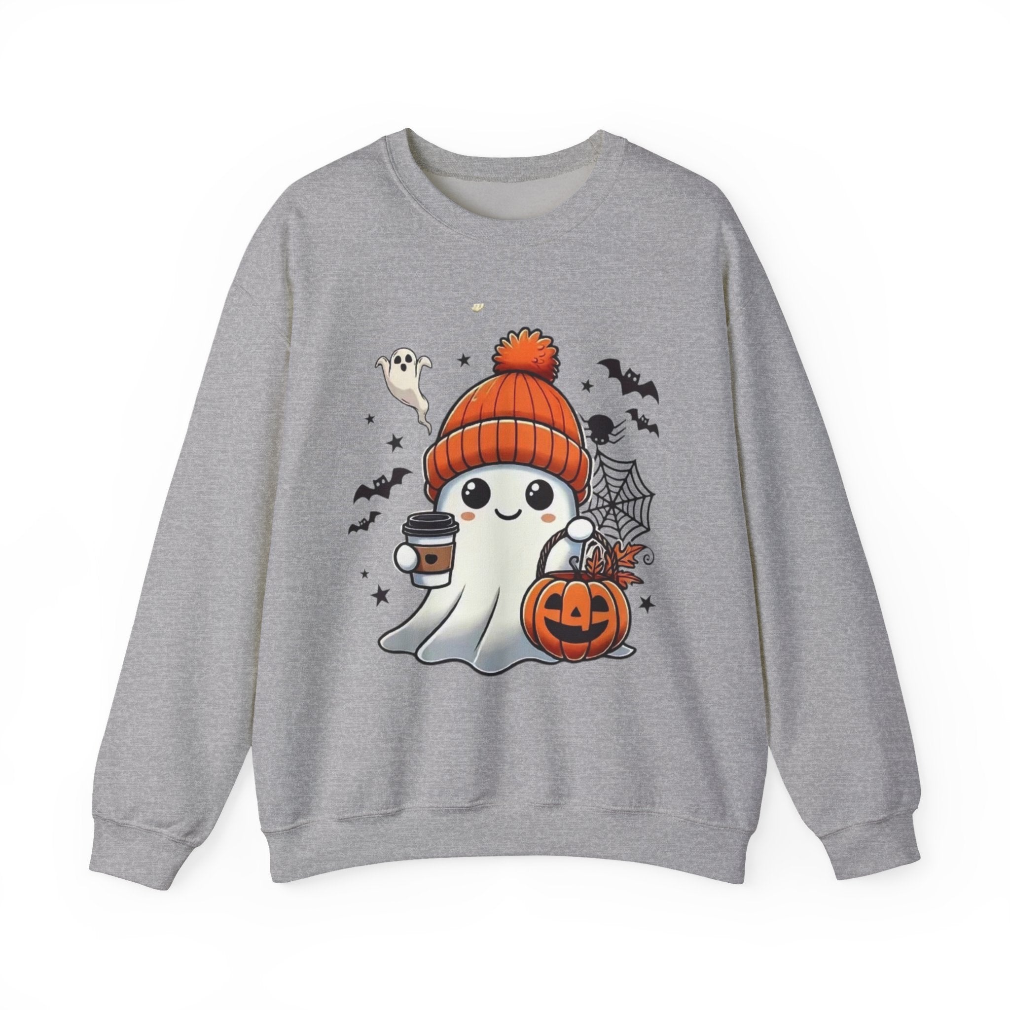 Cute Halloween Ghost Sweatshirt — Pumpkin, Bats & Coffee Graphic Crewneck