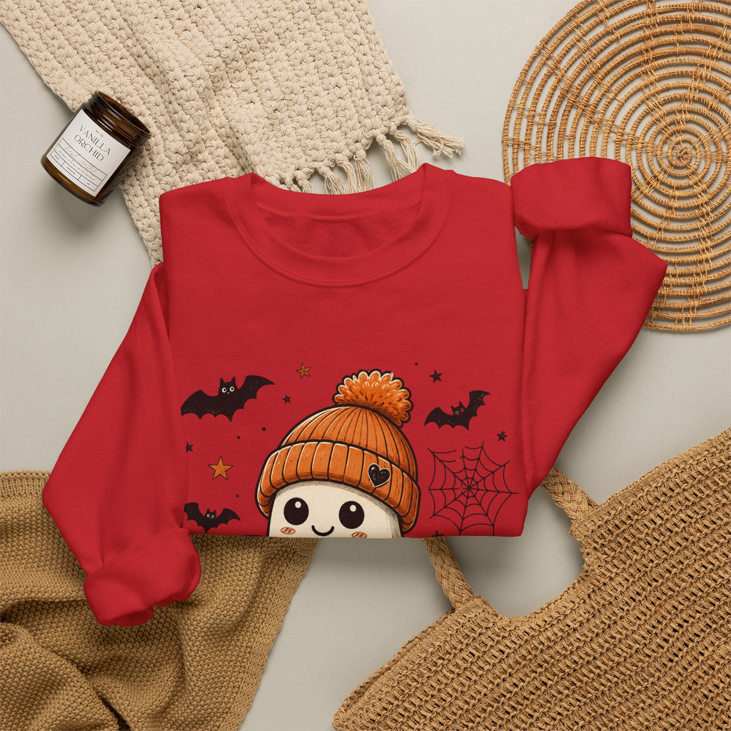 Halloween Ghost Sweatshirt — Cute Ghost with Pumpkin, Cat & Coffee