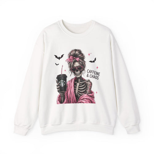 Caffeine & Chaos Skeleton Sweatshirt — Coffee Lover Goth Crewneck