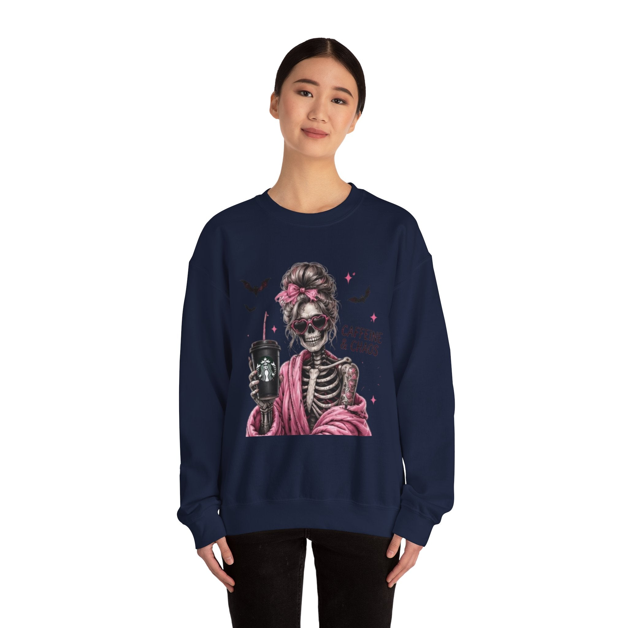 Caffeine & Chaos Skeleton Sweatshirt — Coffee Lover Goth Crewneck