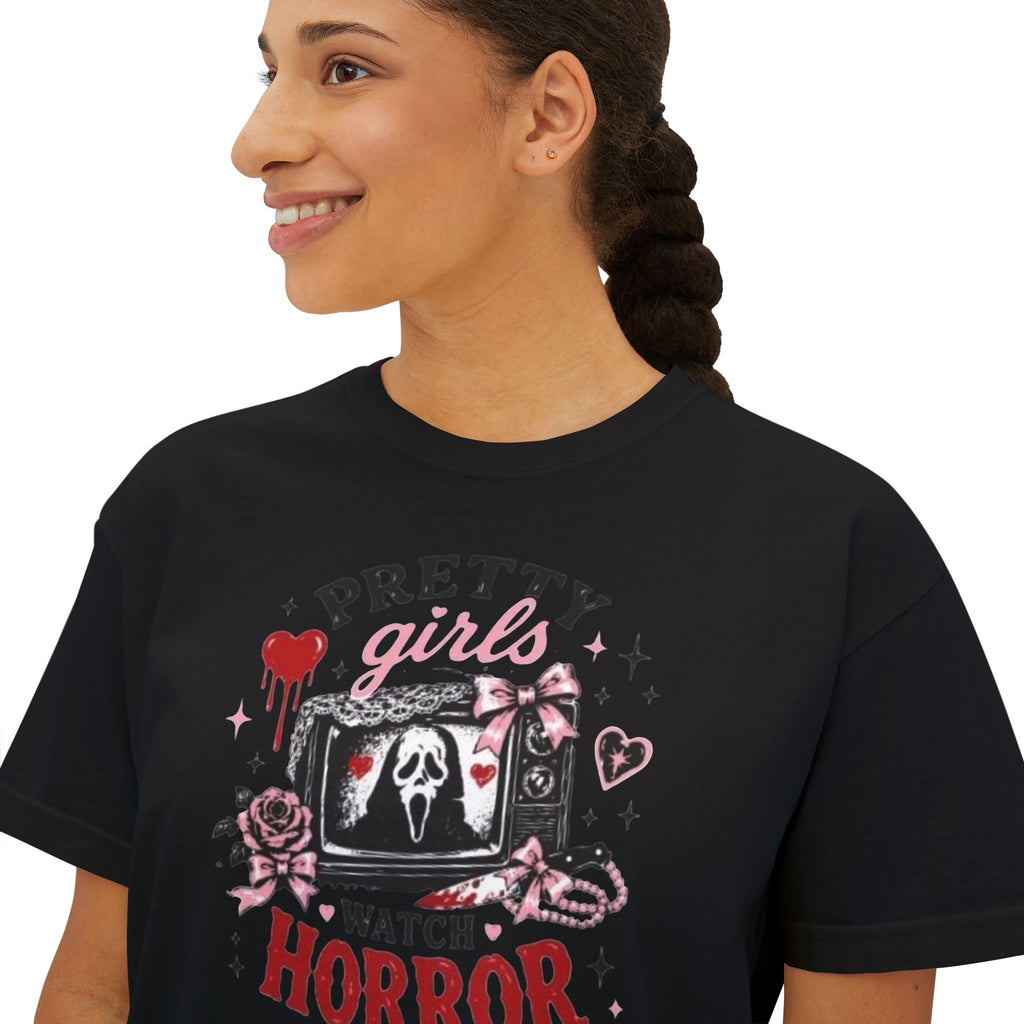 Boxy Tee — "Pretty Girls Watch Horror" Graphic Top