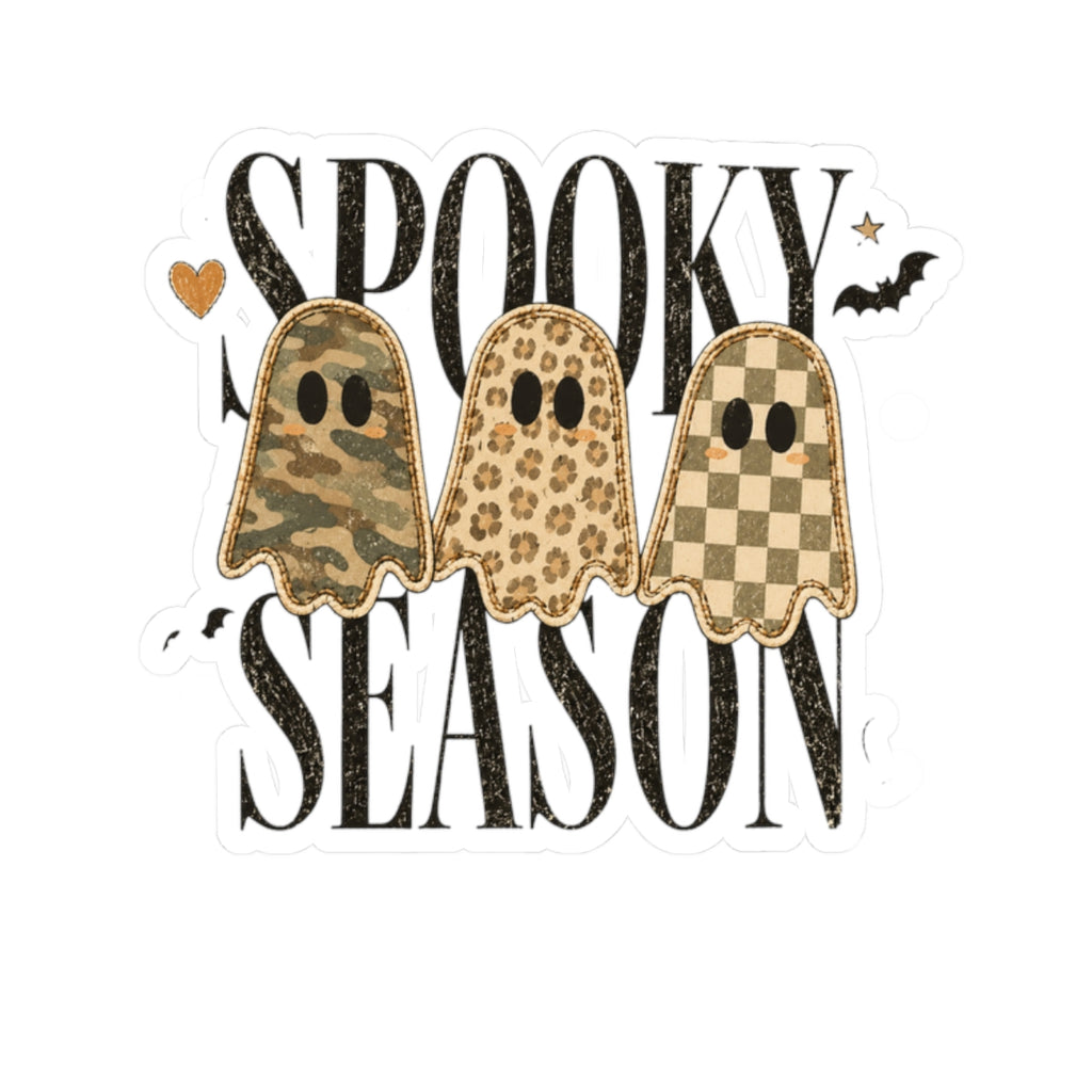 Spooky Season Ghosts Kiss-Cut Sticker — Neutral Camo & Checker Pattern Halloween Decal