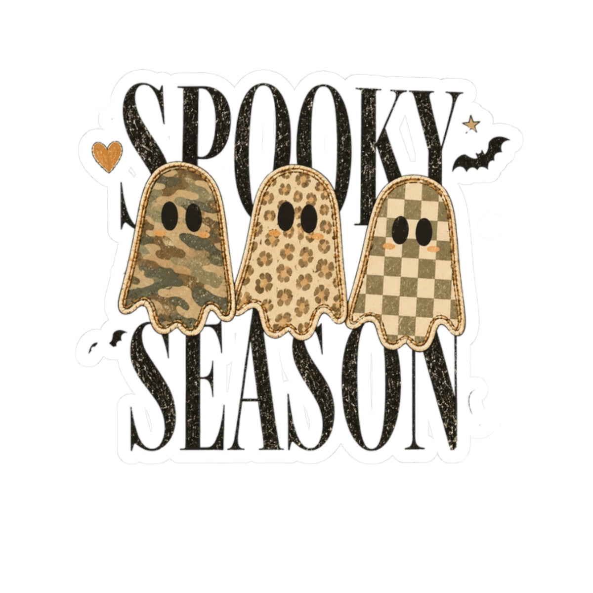 Spooky Season Ghosts Kiss-Cut Sticker — Neutral Camo & Checker Pattern Halloween Decal