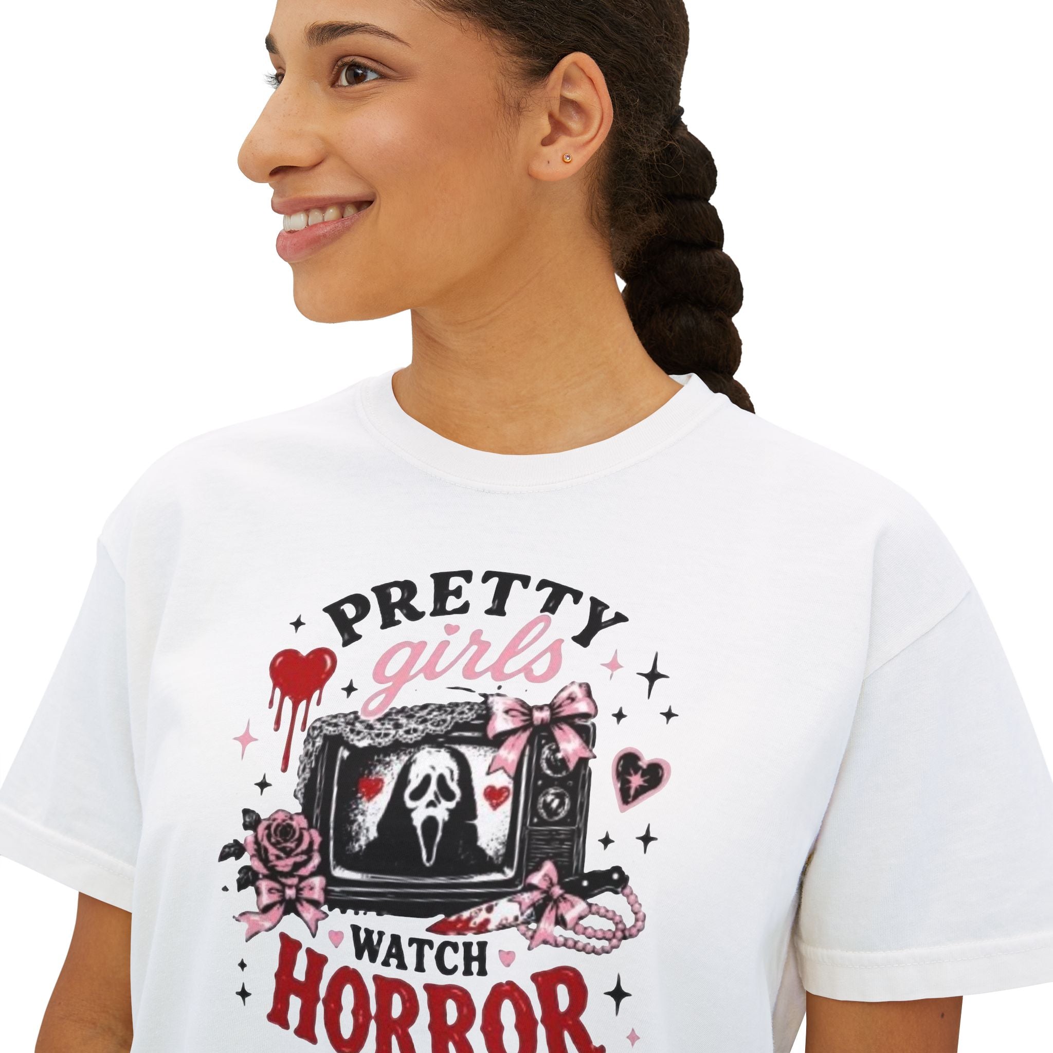 Boxy Tee — "Pretty Girls Watch Horror" Graphic Top
