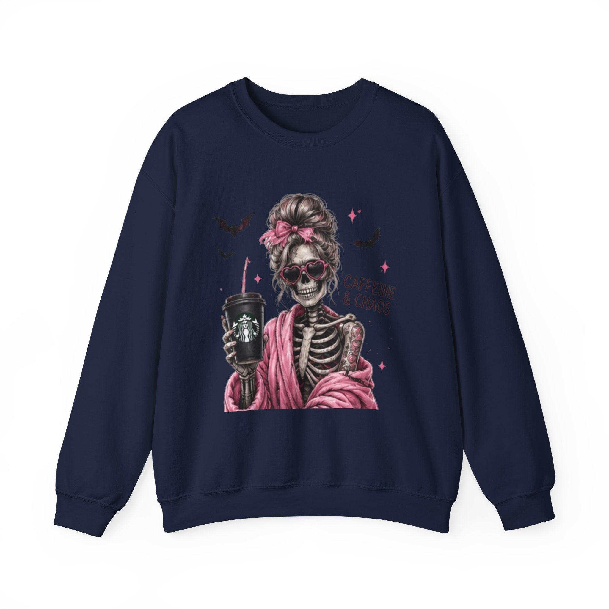 Caffeine & Chaos Skeleton Sweatshirt — Coffee Lover Goth Crewneck