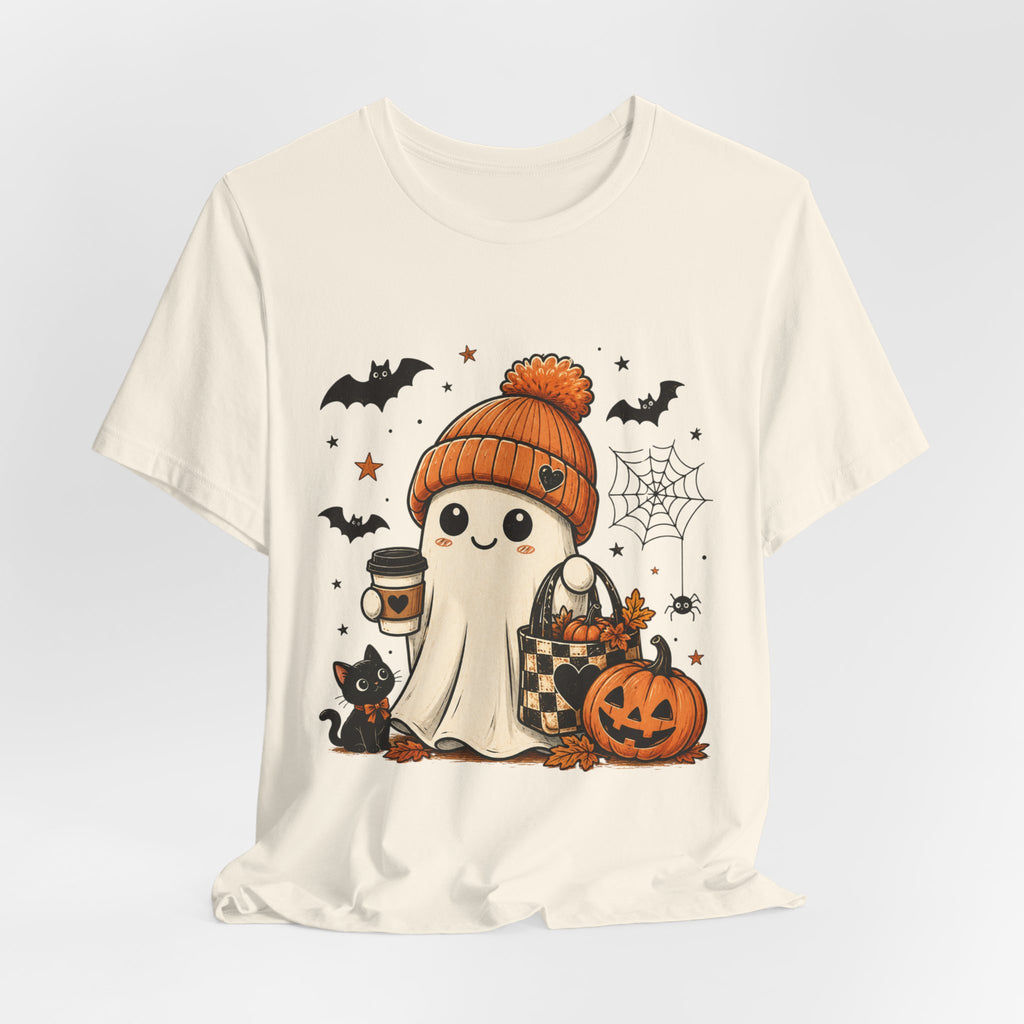 Halloween Ghost Tee – Cute Pumpkin, Black Cat & Coffee Fall Graphic T-Shirt