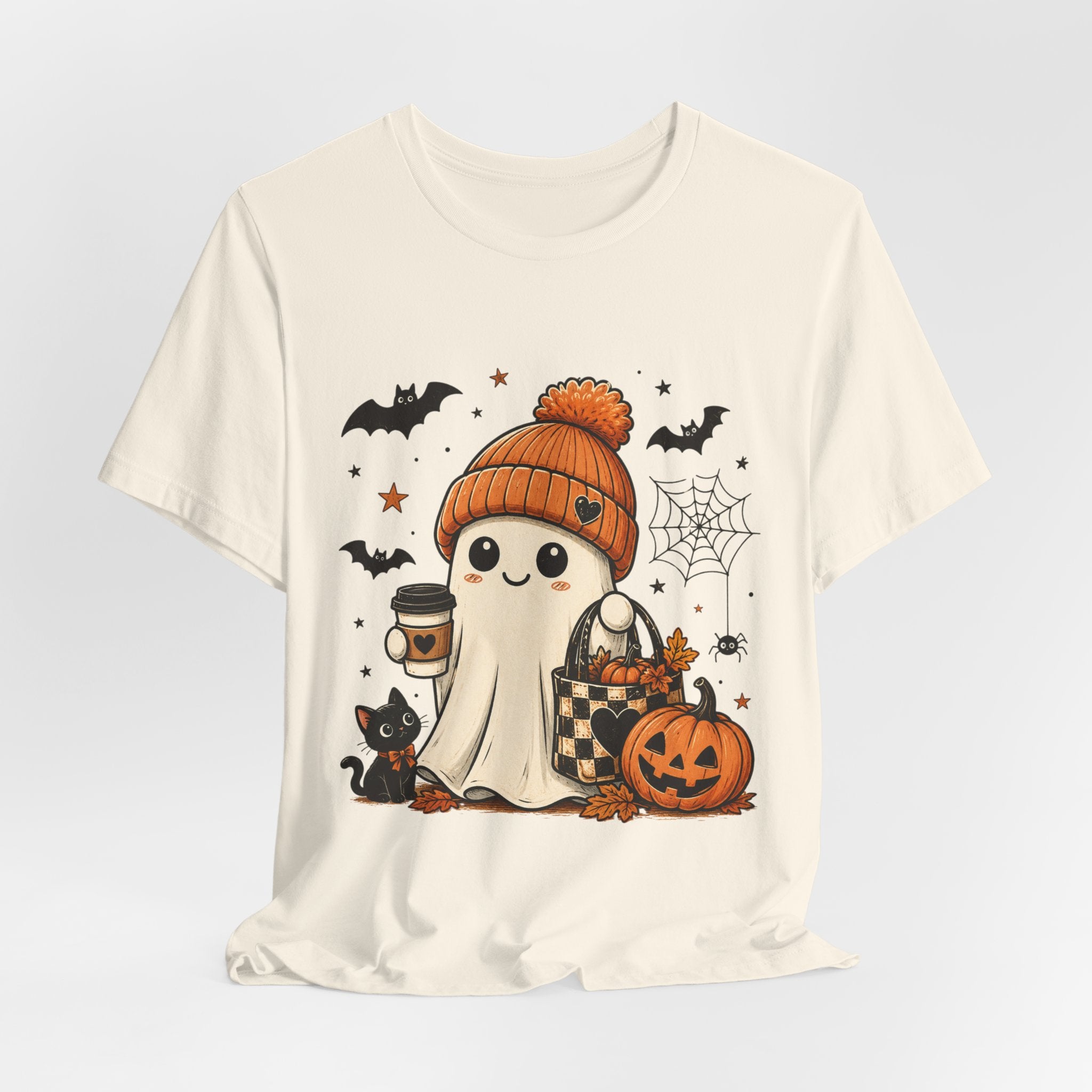 Halloween Ghost Tee – Cute Pumpkin, Black Cat & Coffee Fall Graphic T-Shirt