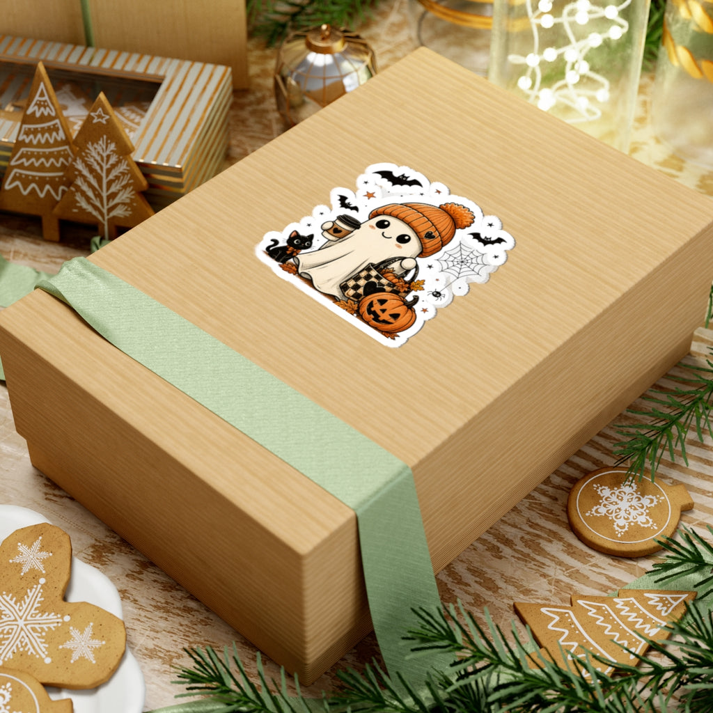 Halloween Ghost Sticker — Cute Autumn Pumpkin, Black Cat & Coffee Kiss-Cut Sticker