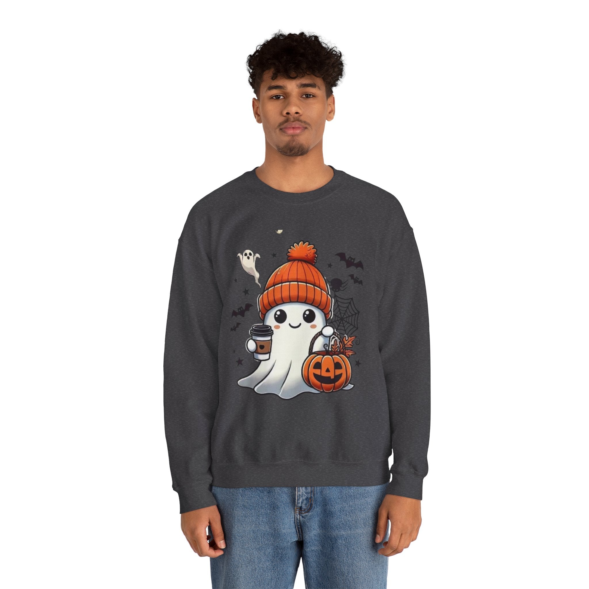 Cute Halloween Ghost Sweatshirt — Pumpkin, Bats & Coffee Graphic Crewneck