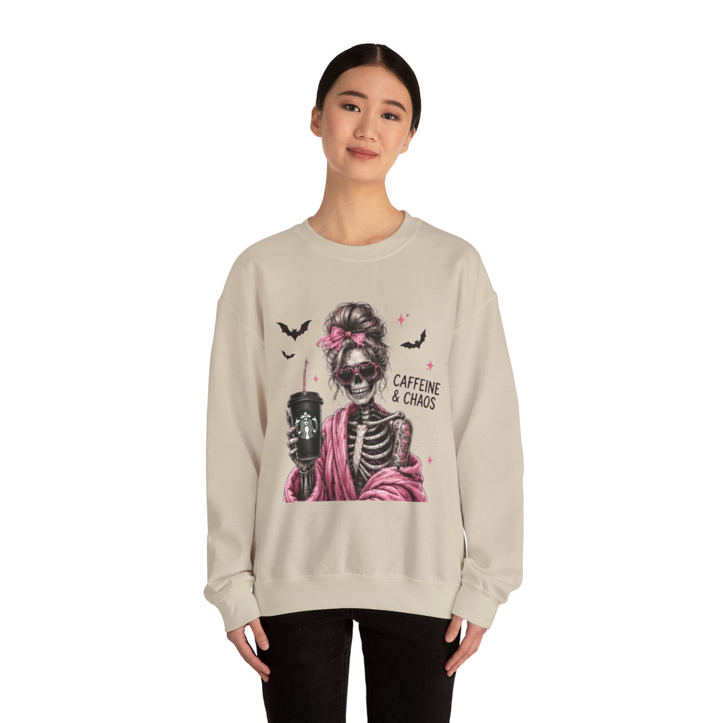 Caffeine & Chaos Skeleton Sweatshirt — Coffee Lover Goth Crewneck