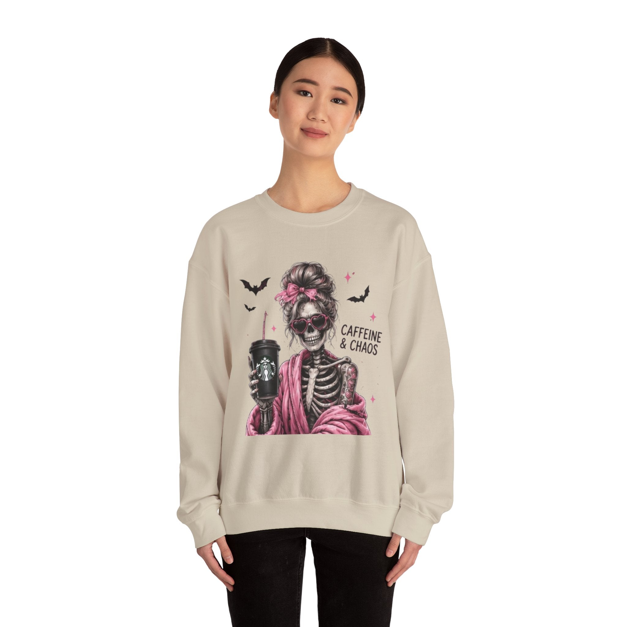 Caffeine & Chaos Skeleton Sweatshirt — Coffee Lover Goth Crewneck