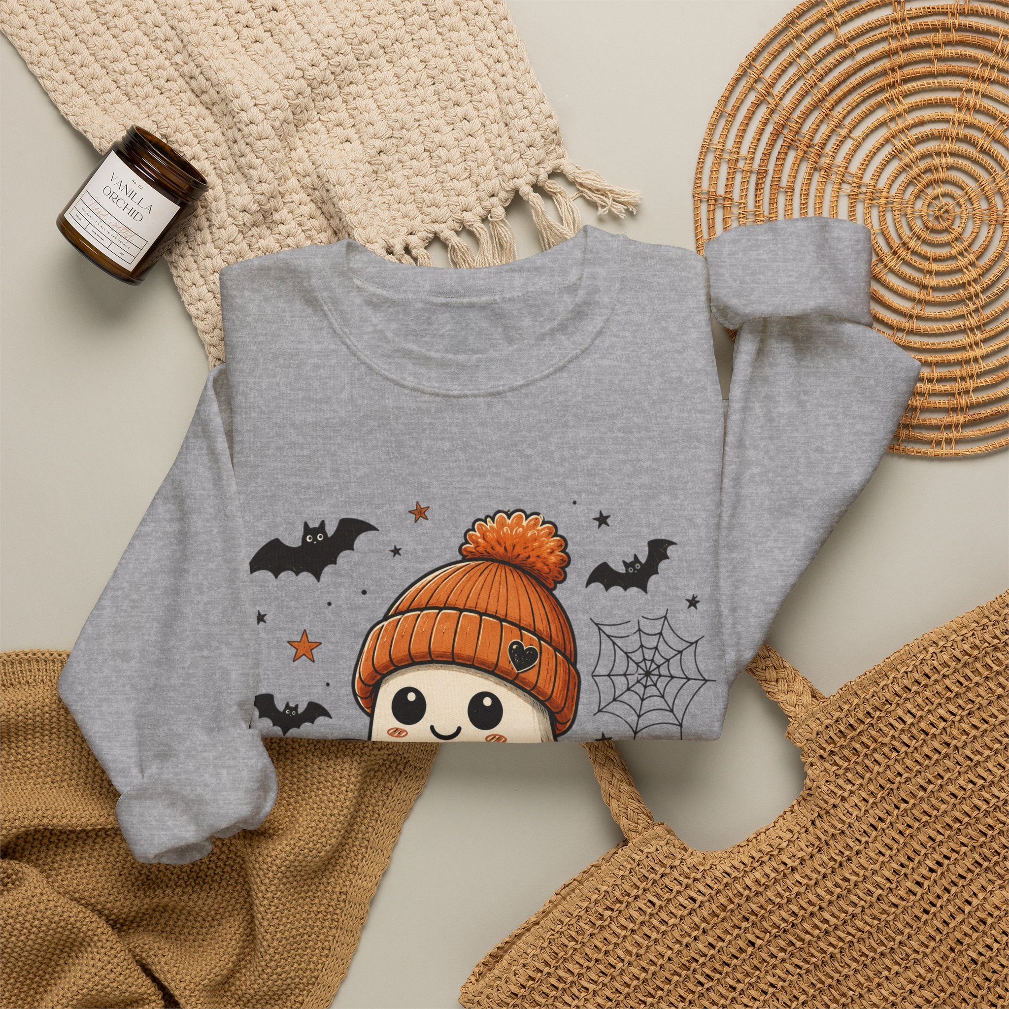 Halloween Ghost Sweatshirt — Cute Ghost with Pumpkin, Cat & Coffee
