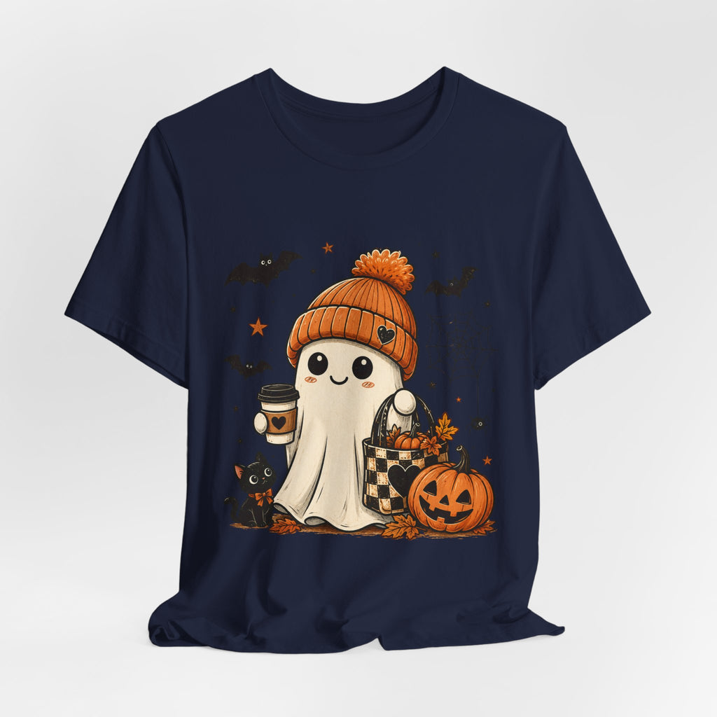 Halloween Ghost Tee – Cute Pumpkin, Black Cat & Coffee Fall Graphic T-Shirt