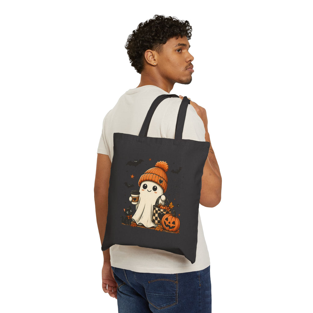 Halloween Ghost Tote Bag — Cute Ghost with Pumpkin, Coffee & Black Cat Cotton Canvas Tote