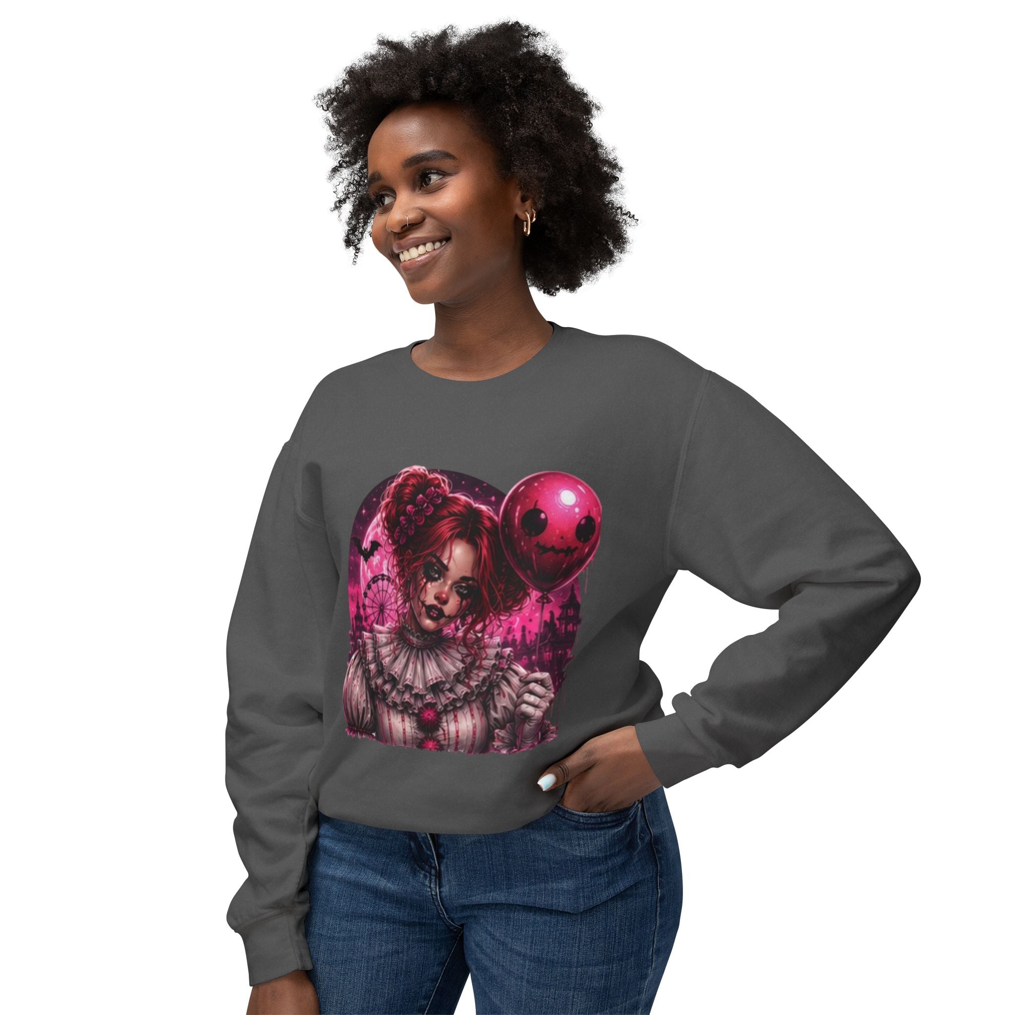 Creepy Clown Portrait Sweatshirt — Gothic Pink Horror Crewneck