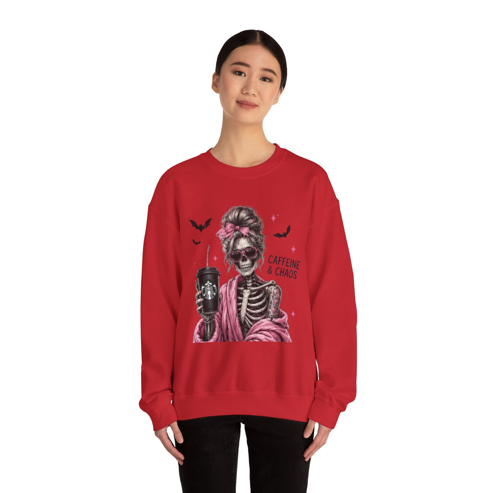 Caffeine & Chaos Skeleton Sweatshirt — Coffee Lover Goth Crewneck