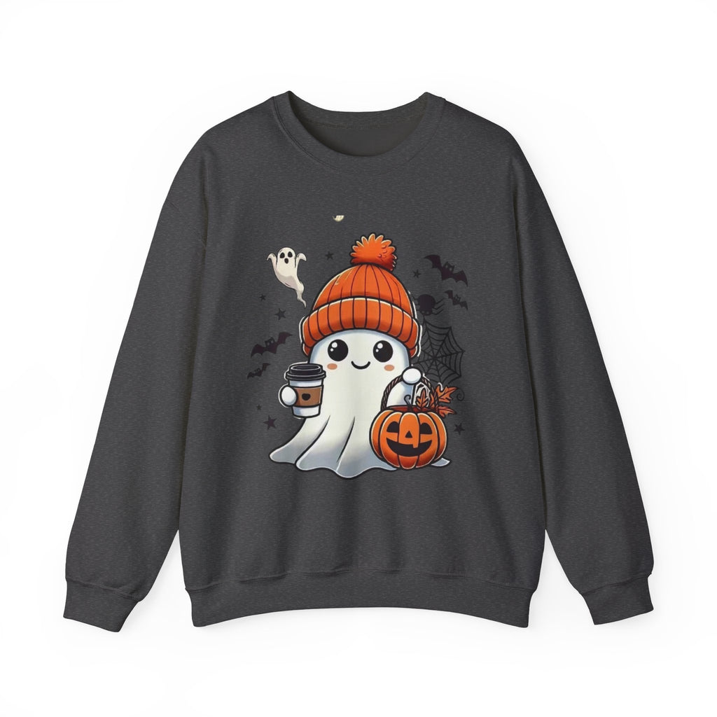 Cute Halloween Ghost Sweatshirt — Pumpkin, Bats & Coffee Graphic Crewneck