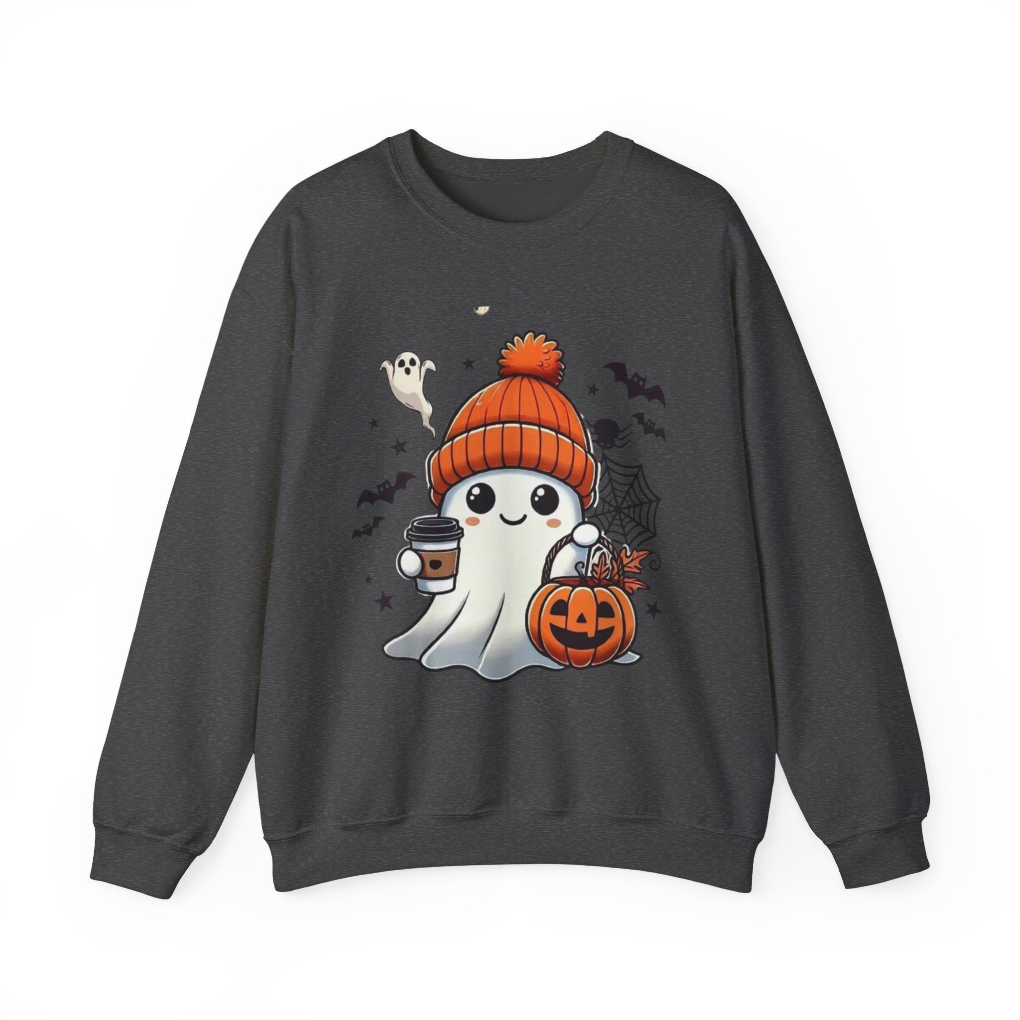 Cute Halloween Ghost Sweatshirt — Pumpkin, Bats & Coffee Graphic Crewneck