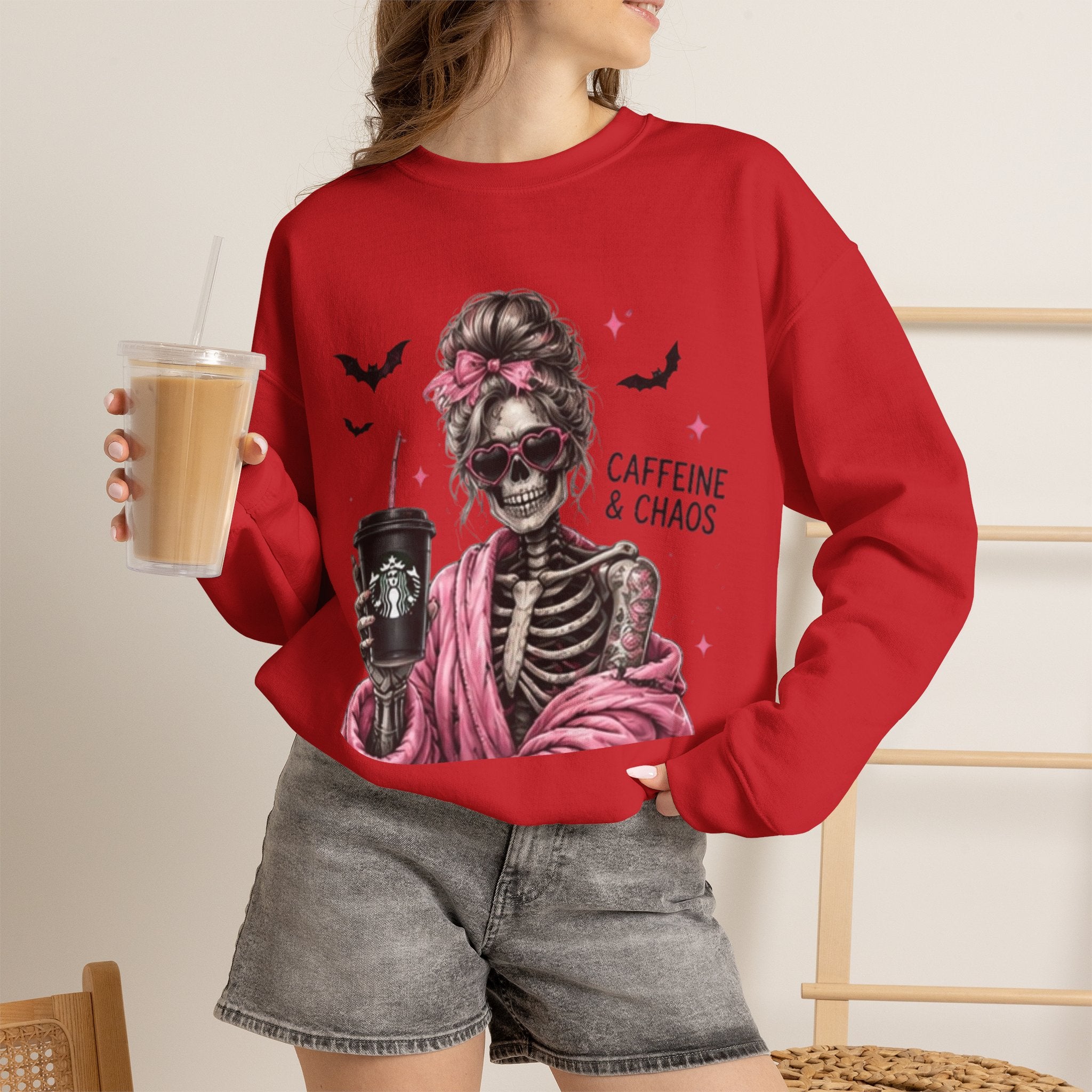 Caffeine & Chaos Skeleton Sweatshirt — Coffee Lover Goth Crewneck