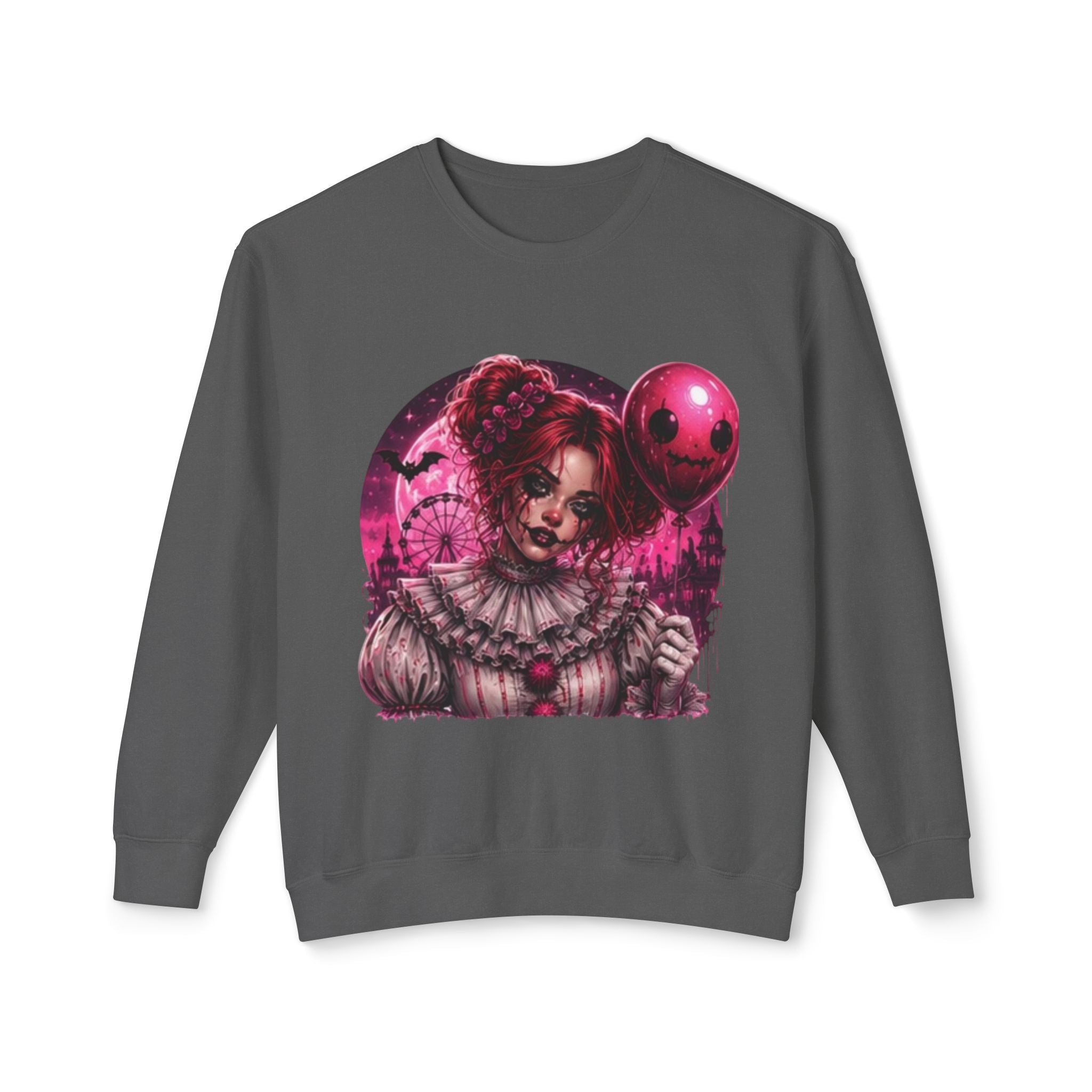 Creepy Clown Portrait Sweatshirt — Gothic Pink Horror Crewneck