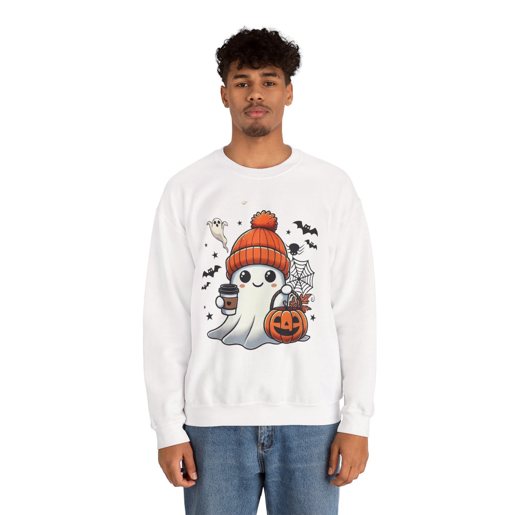 Cute Halloween Ghost Sweatshirt — Pumpkin, Bats & Coffee Graphic Crewneck