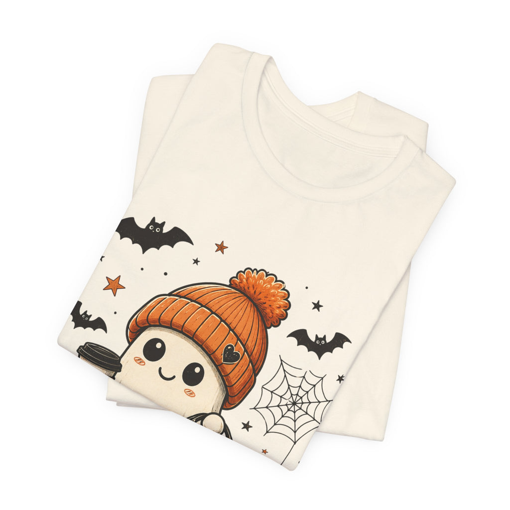 Halloween Ghost Tee – Cute Pumpkin, Black Cat & Coffee Fall Graphic T-Shirt