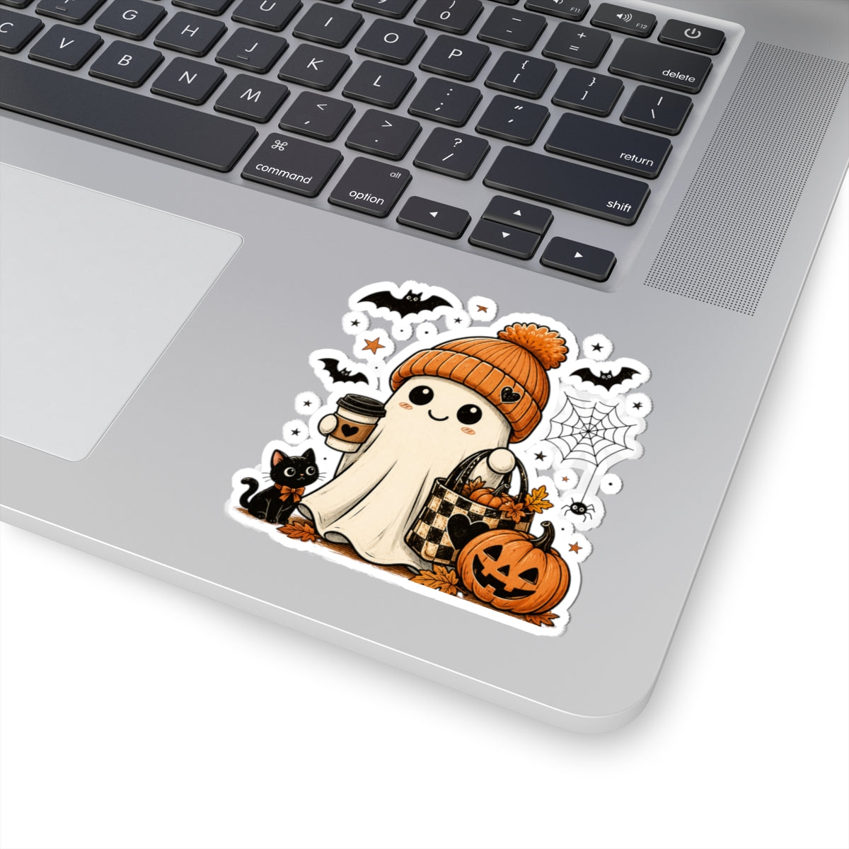 Halloween Ghost Sticker — Cute Autumn Pumpkin, Black Cat & Coffee Kiss-Cut Sticker