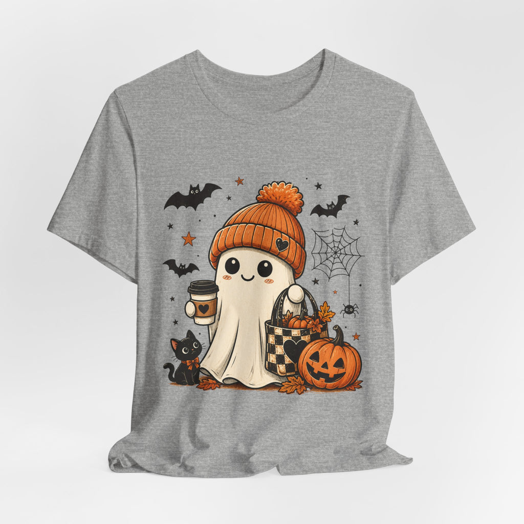Halloween Ghost Tee – Cute Pumpkin, Black Cat & Coffee Fall Graphic T-Shirt