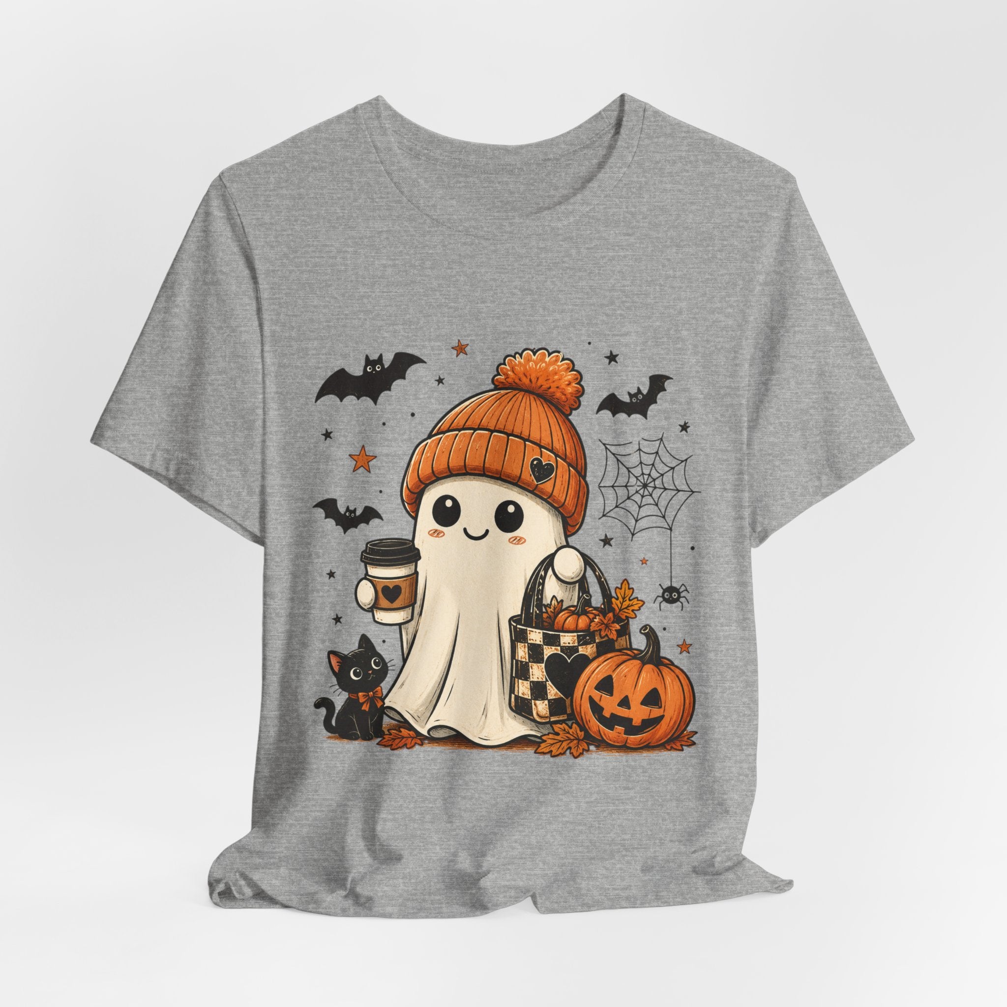 Halloween Ghost Tee – Cute Pumpkin, Black Cat & Coffee Fall Graphic T-Shirt