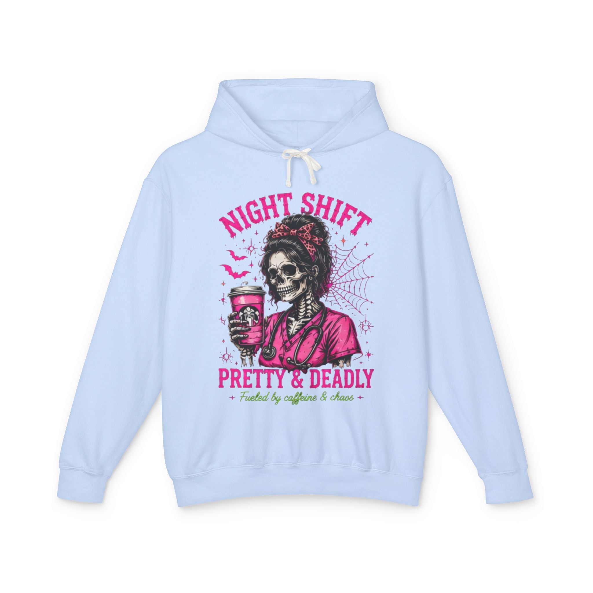 Night Shift Hoodie — "Pretty & Deadly" Skeleton Nurse Coffee Hooded Sweatshirt