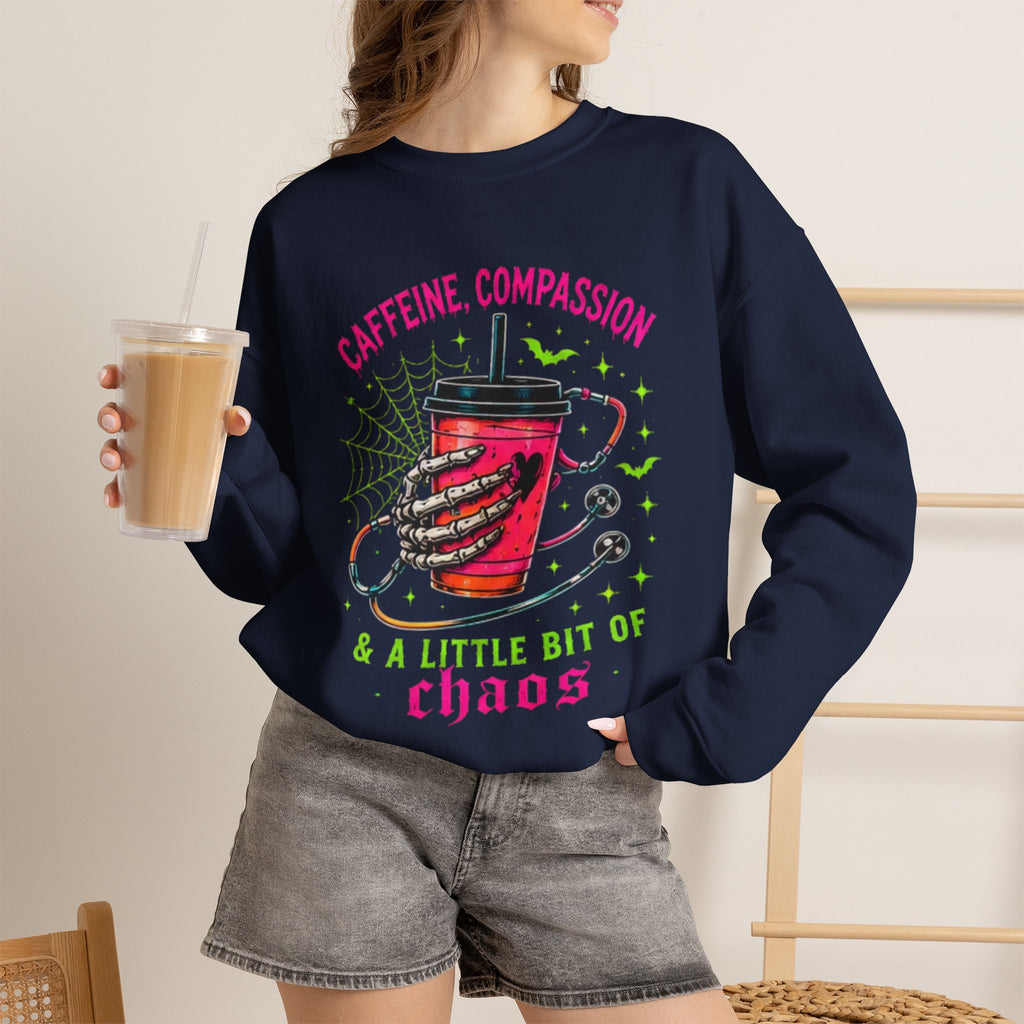 Caffeine, Compassion & A Little Bit of Chaos Crewneck Sweatshirt