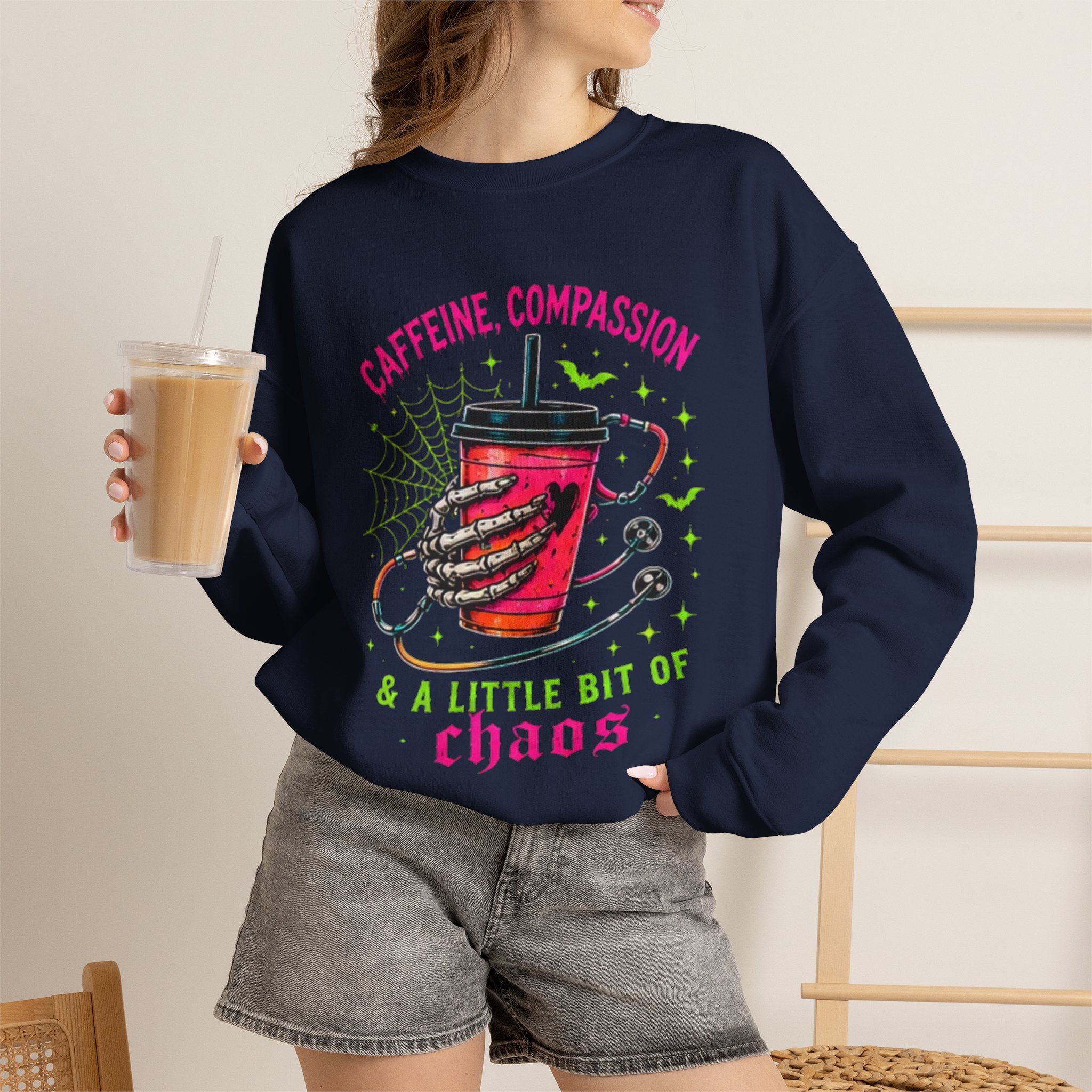 Caffeine, Compassion & A Little Bit of Chaos Crewneck Sweatshirt