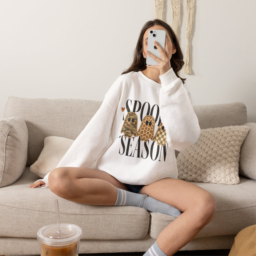 Spooky Season Crewneck Sweatshirt — Leopard Ghosts Halloween Pullover