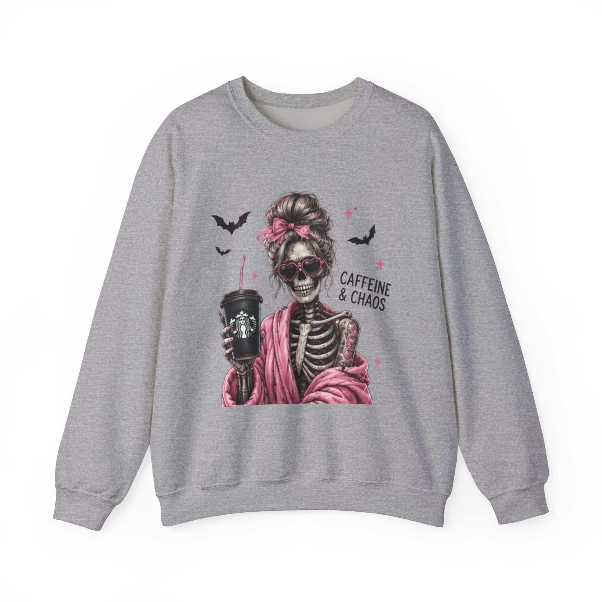Caffeine & Chaos Skeleton Sweatshirt — Coffee Lover Goth Crewneck