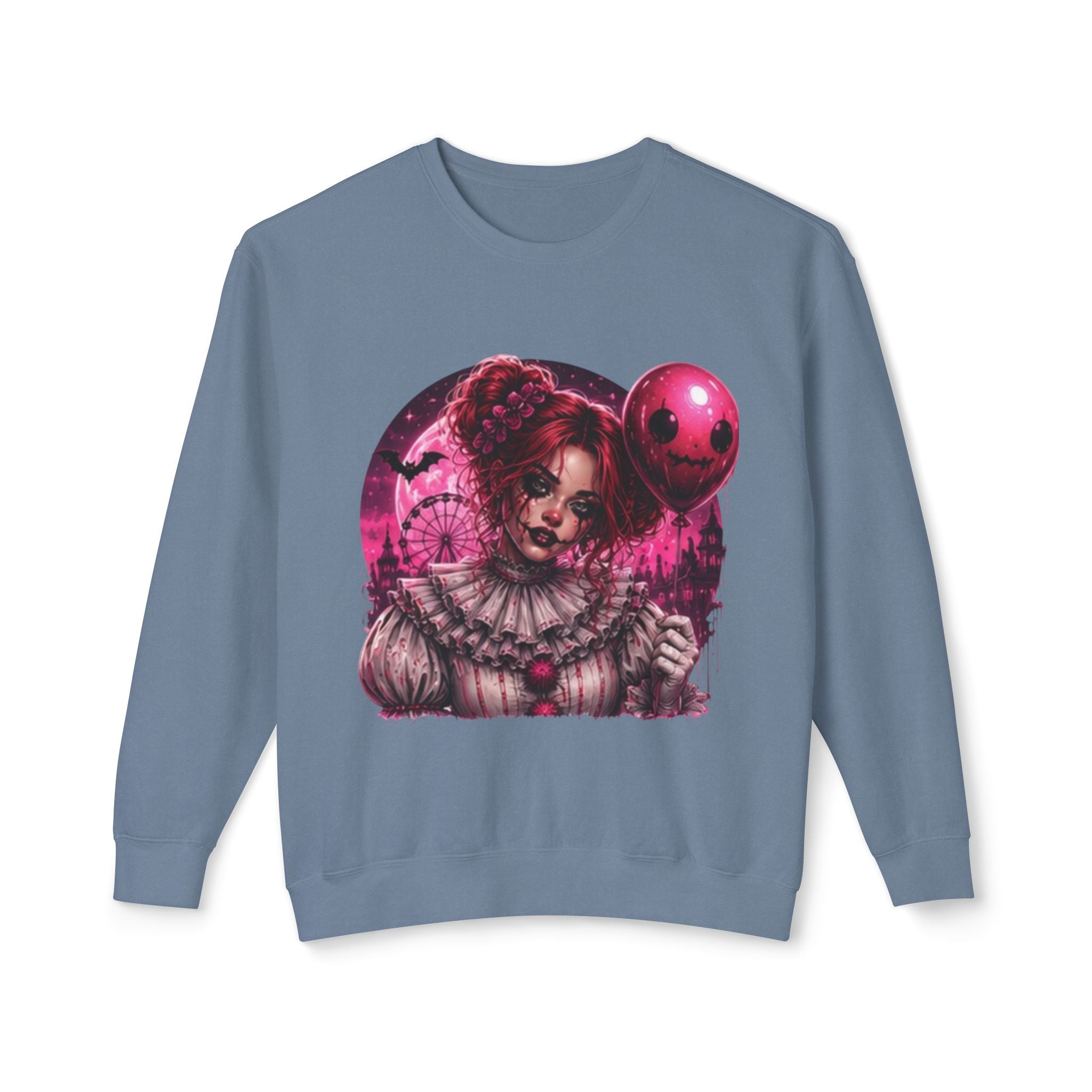 Creepy Clown Portrait Sweatshirt — Gothic Pink Horror Crewneck