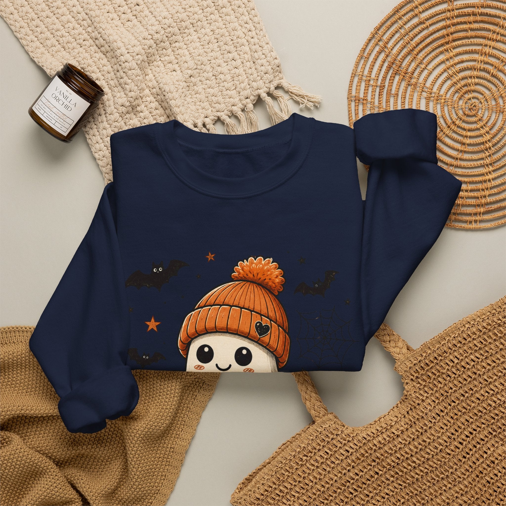 Halloween Ghost Sweatshirt — Cute Ghost with Pumpkin, Black Cat & Coffee