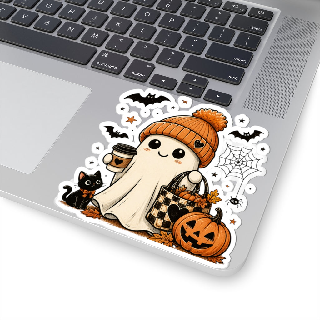 Halloween Ghost Sticker — Cute Autumn Pumpkin, Black Cat & Coffee Kiss-Cut Sticker