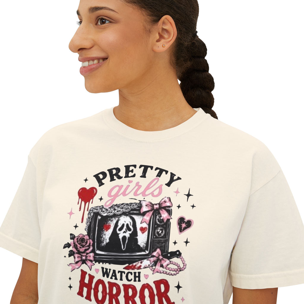 Boxy Tee — "Pretty Girls Watch Horror" Graphic Top