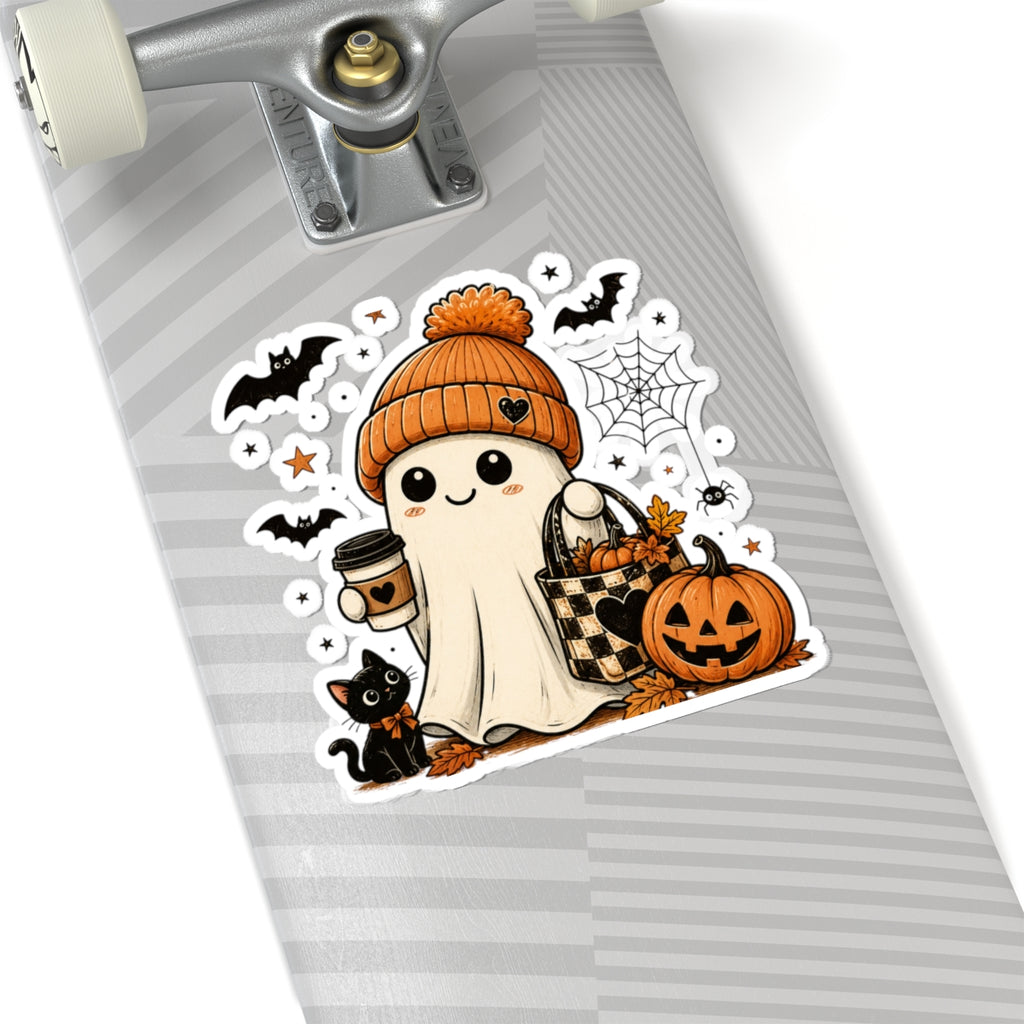 Halloween Ghost Sticker — Cute Autumn Pumpkin, Black Cat & Coffee Kiss-Cut Sticker