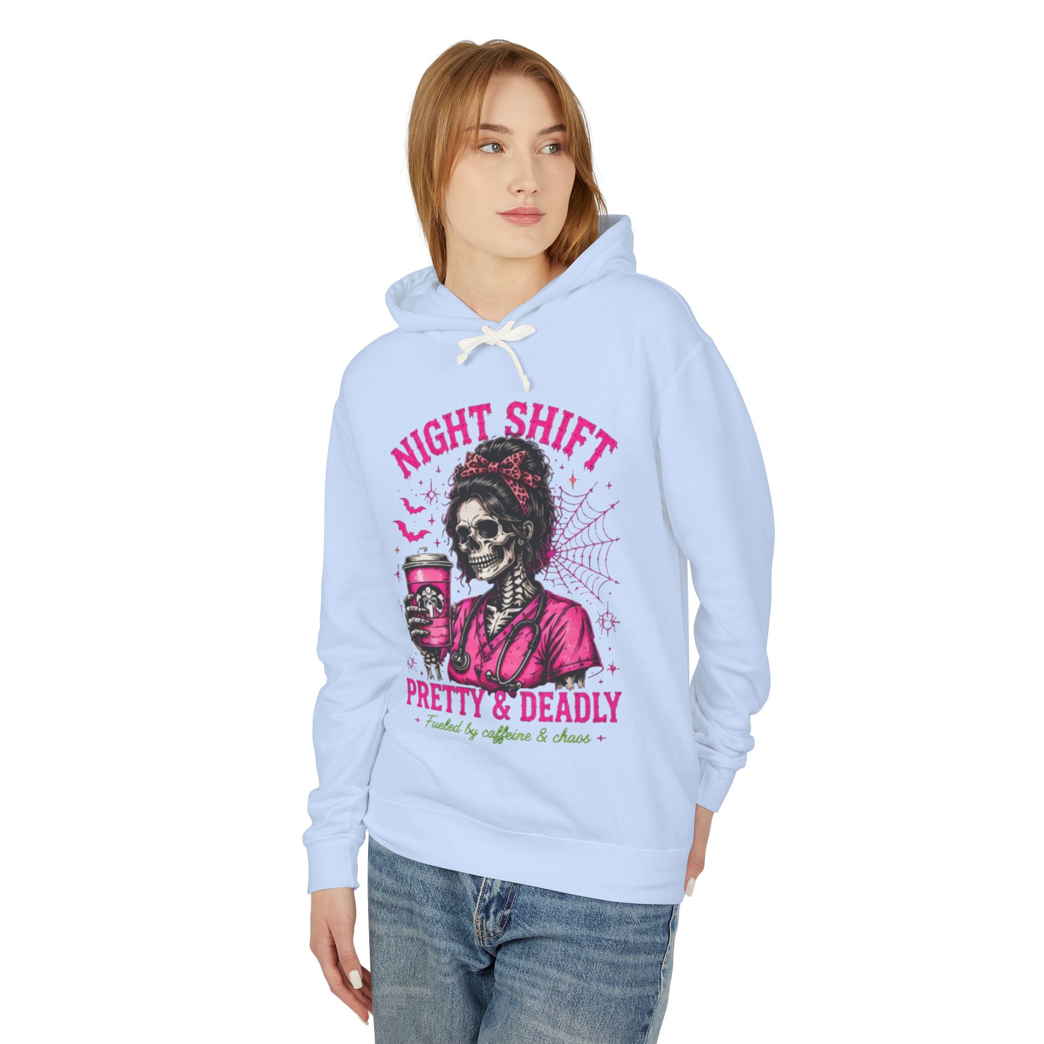 Night Shift Hoodie — "Pretty & Deadly" Skeleton Nurse Coffee Hooded Sweatshirt