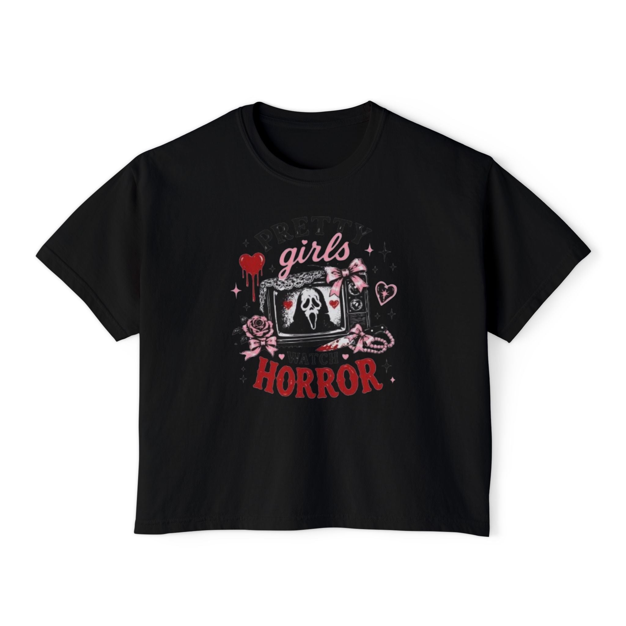 Boxy Tee — "Pretty Girls Watch Horror" Graphic Top