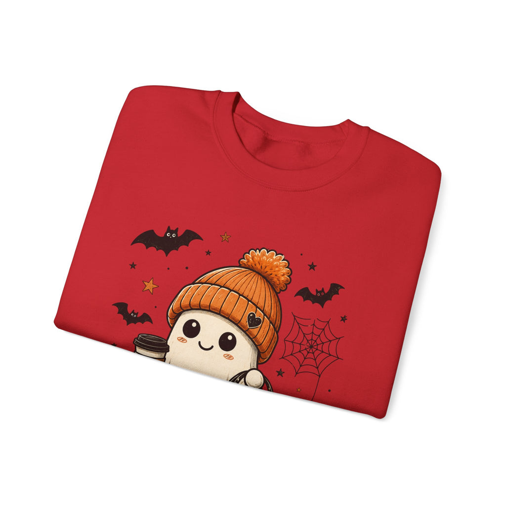 Halloween Ghost Sweatshirt — Cute Ghost with Pumpkin, Cat & Coffee