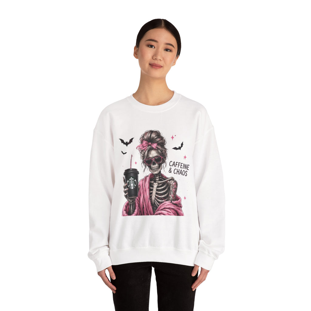 Caffeine & Chaos Skeleton Sweatshirt — Coffee Lover Goth Crewneck